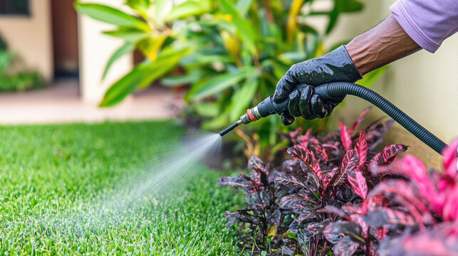 Watering plants with garden hose, showcasing vibrant greenery and colorful foliage. image captures essence of gardening and nurturing nature - Powered by Adobe