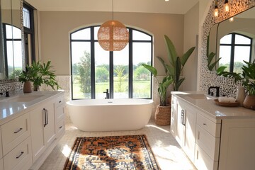 Bright and spacious modern bathroom with a freestanding tub and large windows overlooking greenery