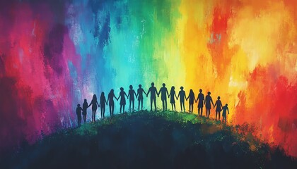 A diverse group holding hands on a hill with a colorful abstract background, celebrating LGBTQ pride and unity, vivid colors, inclusivity, support, togetherness, modern design