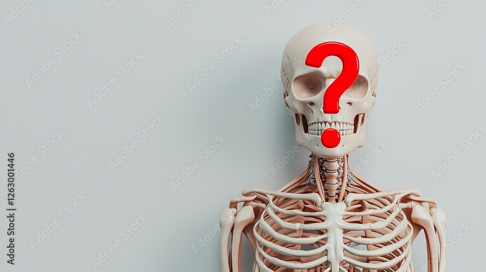 Poster a skeleton model with a question mark superimposed on its head, symbolizing curiosity or uncertainty
