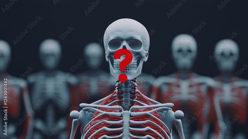Poster a central skeleton figure with a question mark, surrounded by other skeletons, representing curiosit