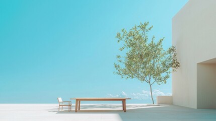 Serene Outdoor Space with Table, Chair, Tree and Clear Blue Sky