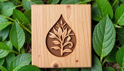 Obraz premium Ornate wooden plaque with plant design against green leaves