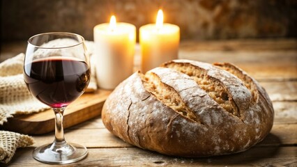 Photorealistic close-up of broken bread with a cup of red wine, soft natural light, peaceful ambiance. Bread and wine