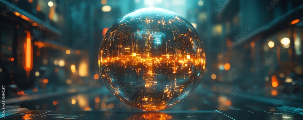 Poster digital files enclosed in a glowing digital sphere, symbolizing secure data protection and privacy, 