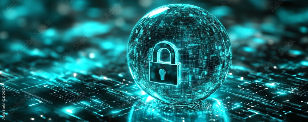 Poster digital files enclosed in a glowing digital sphere, symbolizing secure data protection and privacy, 