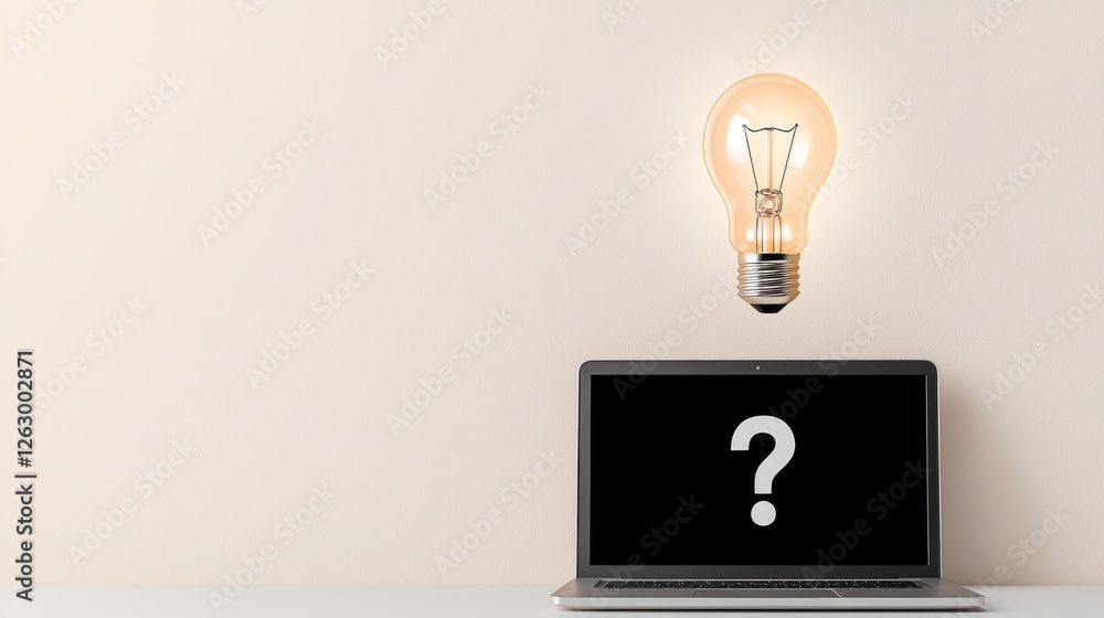 Poster a laptop with a question mark on the screen, illuminated by a glowing light bulb above, symbolizing 