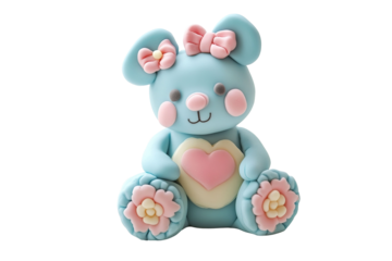 A blue teddy bear with pink flowers on its face and pink heart on its chest. ,on transparent background.
