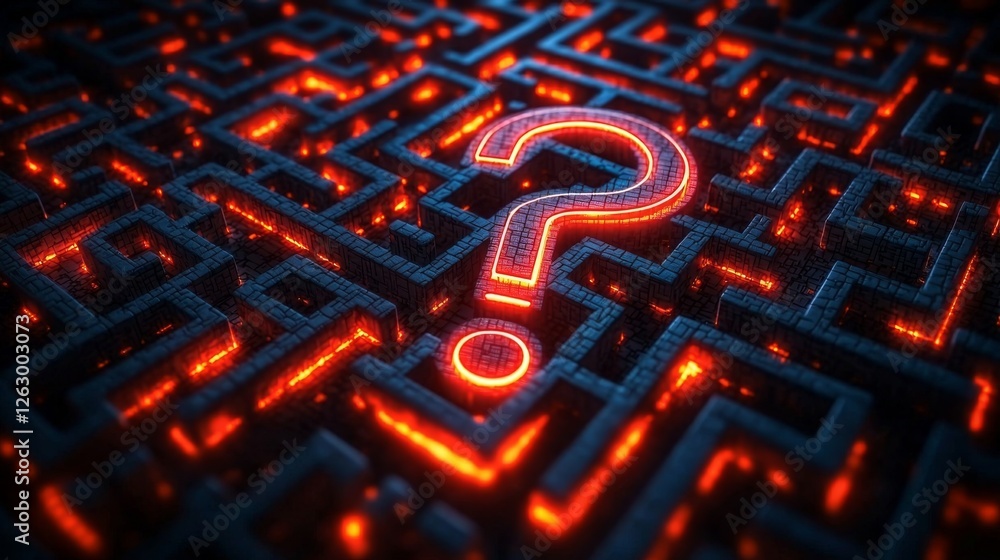 Poster a glowing question mark stands out in a maze, symbolizing curiosity and the quest for answers in a c