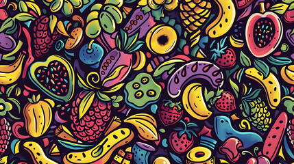 Vibrant and Colorful Pattern of Various Fruits and Vegetables Against a Dark Background