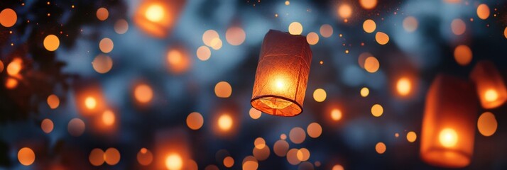 Festive Sky Lanterns Illuminated Celebration and Cultural Tradition in the Night Sky.