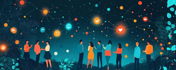 Group of people surrounded by digital connections and social media icons, symbolizing human resources and communication networks, AIgenerated, vibrant colors, modern design