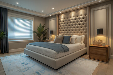 Fototapeta premium Photographie immobilière d'une chambre parentale moderne contemporaine avec décoration minimaliste, éclairage d’ambiance doux et design aux lignes épurées. HDR, 3D, design, tendance, architecte