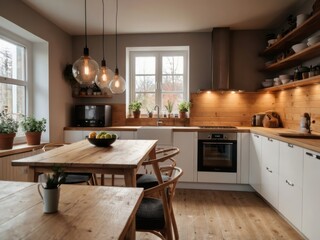 Fototapeta premium Modern Rustic Kitchen With Wooden Accents And Pendant Lights