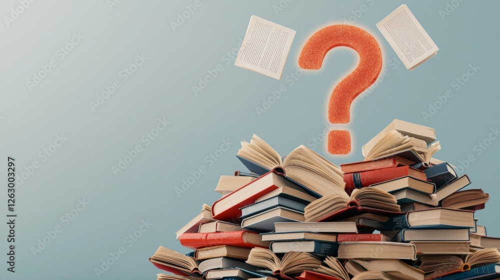 Poster a stack of books with a question mark above, symbolizing curiosity and the search for knowledge.