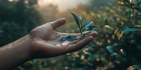 tea leaves on hand in tea plantation