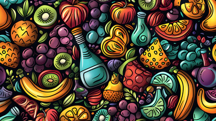 Naklejka premium Vibrant assortment of fruits and beverages arranged artfully on a colorful background