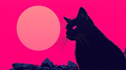 Black Cat's Journey Through Ruins, A determined feline navigates a fractured world, seeking its lost family amidst vibrant, geometric landscapes and neon hues.