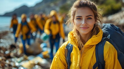 Woman leads beach cleanup, volunteers in background