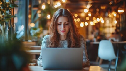 Businesswoman in a hybrid office space with an open laptop, collaborating with remote colleagues via video call in a bright, modern office.
