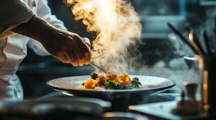 A chef cooking a beautifully plated dish, steam rising from the food as it's prepared to perfection.