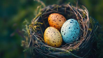 Obraz premium Small brown quail eggs nestled in a straw basket, a natural spring celebration