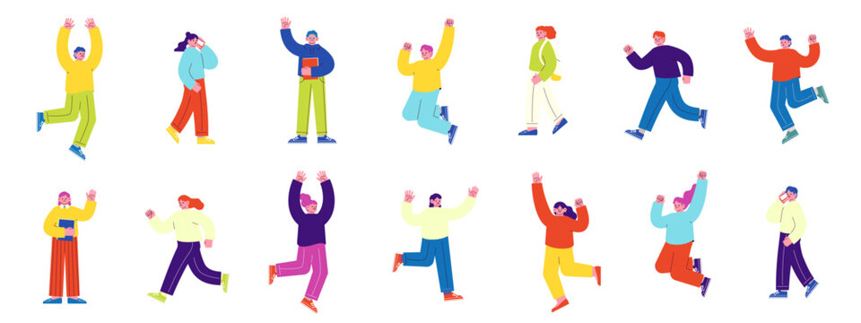 人々のベクターイラストセット。歩いたり、飛び跳ねたり、走ったりする楽しい雰囲気のフラットデザインイラスト。