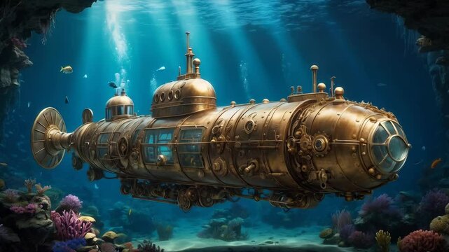 A magnificently designed steampunk submarine under water, a testament to both innovation and antiquity, the intricate submersible being built with wood, glass and brass gears