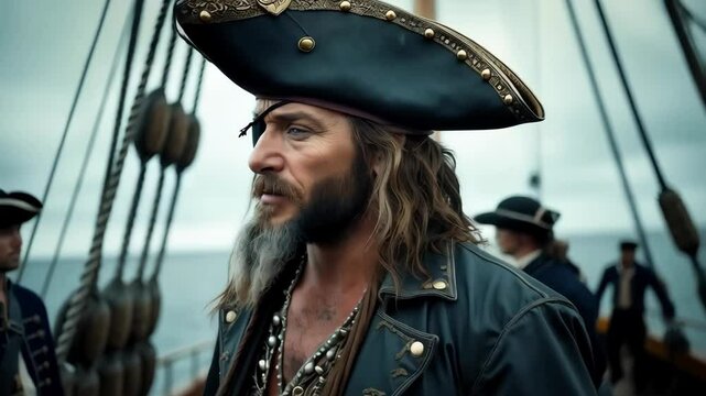 A cinematic-style portrait of a rugged pirate captain on a ship deck, under a cloudy sky, dramatic and adventurous atmosphere