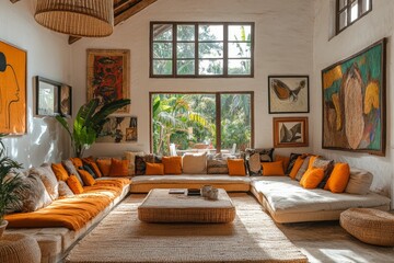 Cozy living room with orange accents and large windows showcasing a garden view in a contemporary home