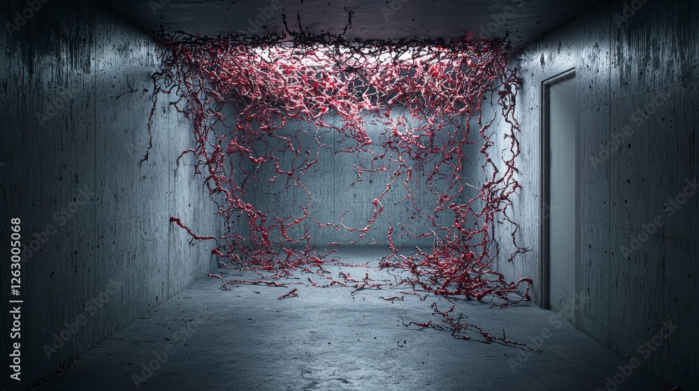 Poster Ribbons of fragility splattering on the walls of an abandoned room art installation empty space abstract concept