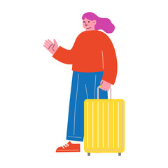 旅行する女性のベクターフラットイラスト。スーツケースを持ったカジュアルなスタイルの女性。