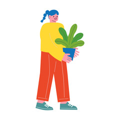 観葉植物を運ぶ女性のベクターフラットイラスト。新生活の為に引越し作業をするイメージ。