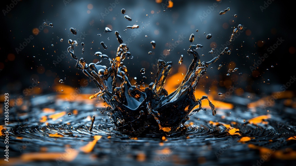 Aufkleber dynamic splash of black liquid against fiery background abstract art dark environment close-up persp