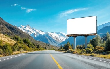 Blank Billboard on Scenic Highway in Mountain Landscape, Perfect for Outdoor Advertising Mockup.