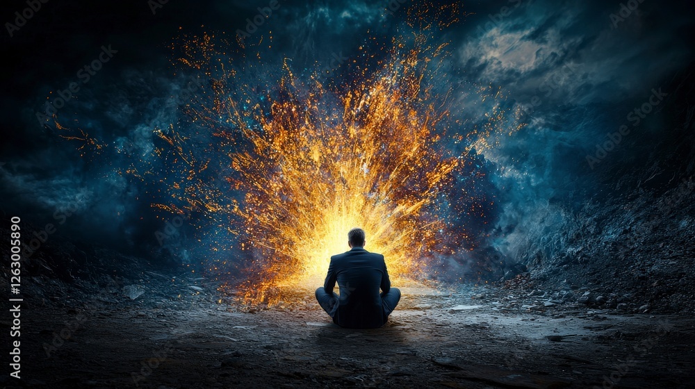 Poster explosive silence unleashed by a figure dark landscape digital art atmospheric rear view inner confl