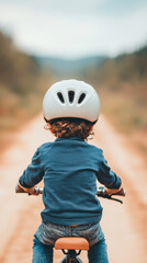 child riding bicycle on dirt path, wearing helmet, enjoying nature