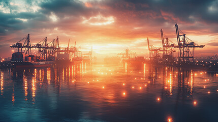 Obraz premium Container truck in ship port for business Logistics and transportation of Container Cargo ship and Cargo plane with working crane bridge in shipyard at sunrise, logistic import export and transport