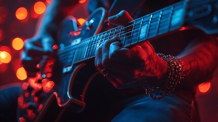 Naklejka premium Electric Guitarist on Stage: A close-up of a guitarist's hands as they expertly navigate the fretboard of an electric guitar under the vibrant glow of stage lights.