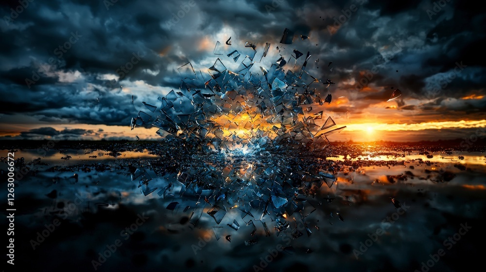 Poster cascading shattered ideas at sunset over a boundless reflective surface abstract scene artistic view