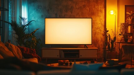Cozy Living Room Interior with Blank Screen Television at Night