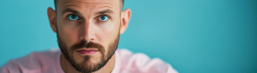 Obraz premium man with beard and blue eyes gazes thoughtfully against turquoise background