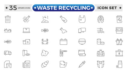 Waste Recycling outline icons. Garbage disposal. Trash separation, waste sorting with further recycling. Plastic bottle, biodegradable trash, junk truck, landfill, paper. Editable stroke outline icon.