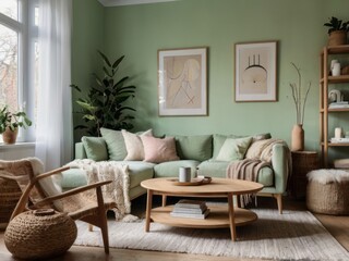 Fototapeta premium Green Living Room Modern Sectional Sofa Decor
