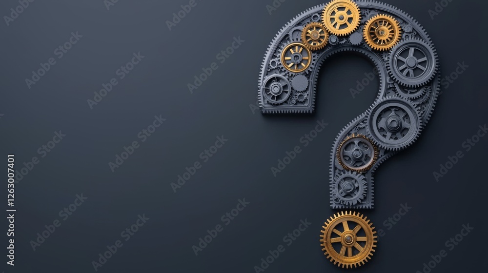 Poster a mechanical question mark made of gears, symbolizing inquiry and exploration in technology or probl