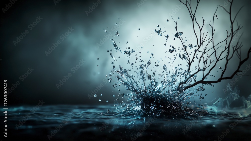 Fototapete Explosive water splashing from a blackened tree nature visual art ethereal setting close-up thought provocation