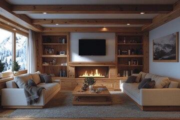 Cozy wood-paneled living room with modern fireplace and mountain view during winter months