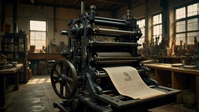A vintage-style printing press machine in a dimly lit workshop, printing a newspaper, with visible text and images on the paper. Traditional print media and historical craftsmanship concept.
