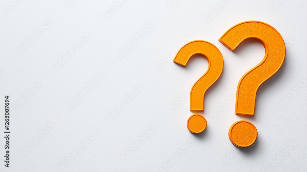 Poster a minimalistic image featuring two orange question marks against a light background, symbolizing cur