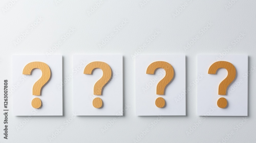 Poster four cards with large question marks in a minimalist design, symbolizing curiosity, inquiry, and the